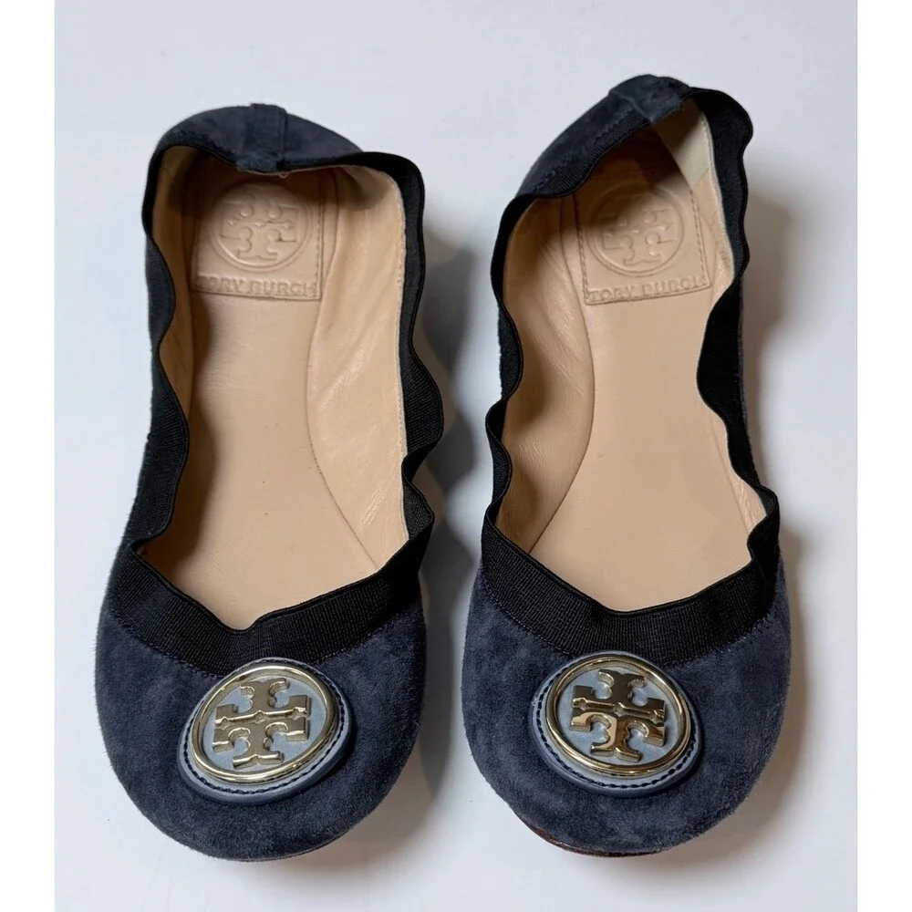 Tory Burch Caroline Ballet Flats Navy Blue Suede Gold Logo Leather Size 5.5